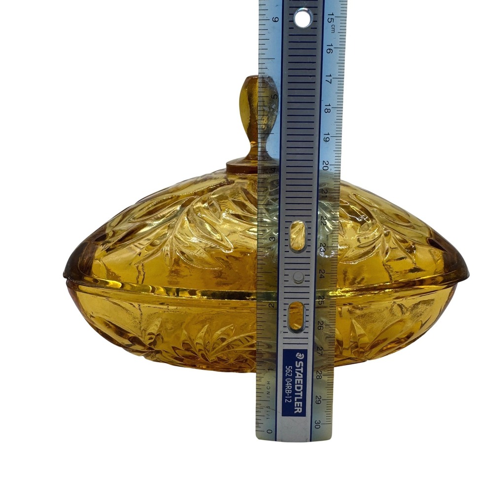 Vintage Amber Hazel Glass Triangle Candy Dish and Lid Pinwheel Starburst 1950s - Picture 9 of 14